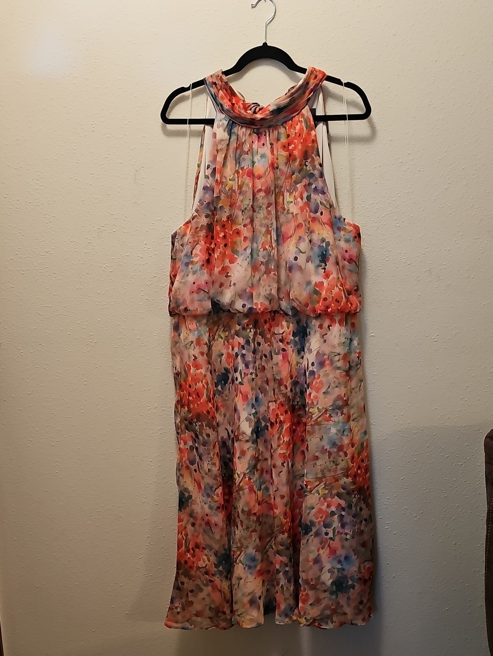 Adrianna Papell Floral Halter Midi Dress with silver and gold metallic accents
